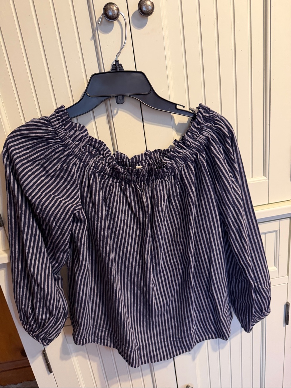 a new day Navy and White Off-Shoulder Striped Peasant Top